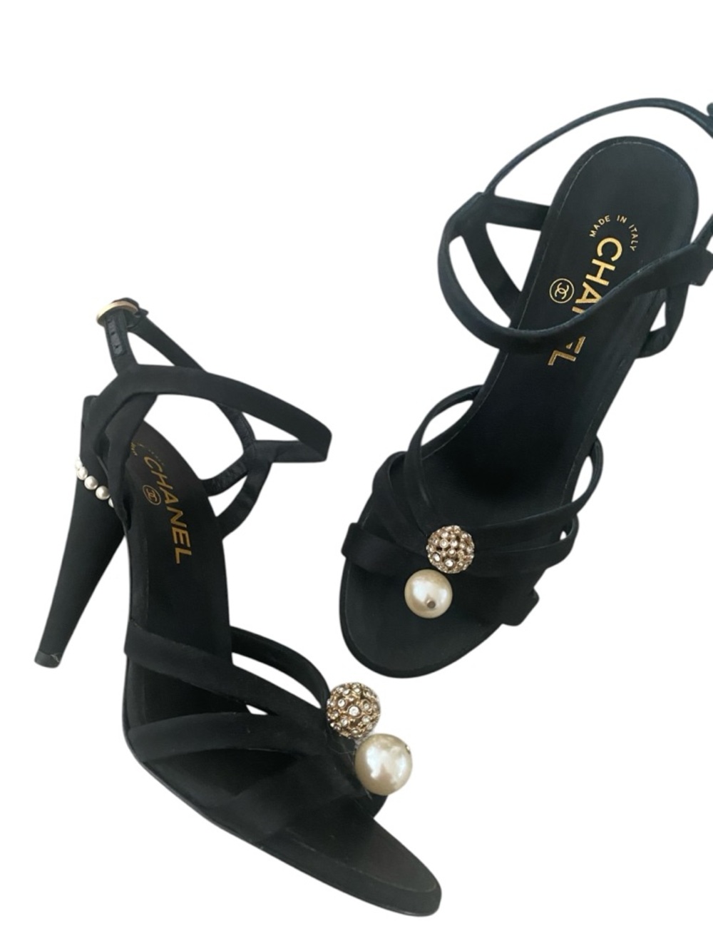 CHANEL Black Satin Strappy Heels with Pearl & Crystal Ornaments size 40 - Picture 3 of 11